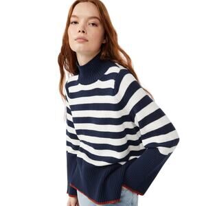 FREE ASSEMBLY 100% Cotton Navy Cream Striped Ribbed Turtleneck Sweater S Coastal
